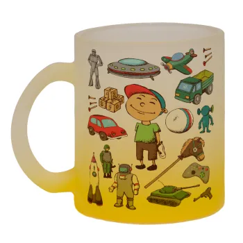 Toys Boy, Κούπα γυάλινη δίχρωμη με βάση το κίτρινο ματ, 330ml