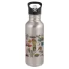 Water bottle Silver with straw, stainless steel 600ml