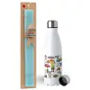 Easter Set, metallic stainless steel water bottle (750ml) & aromatic flat Easter candle (30cm) (TURQUOISE)