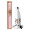 Easter Set, metallic stainless steel water bottle (750ml) & scented flat Easter candle (30cm) (PINK)