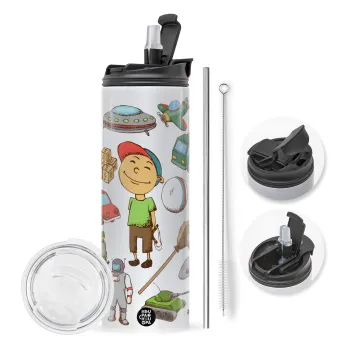 Toys Boy, Travel Tumbler 2 Lids, with metal straw & cleaning brush (Stainless steel 304 Food grade, BPA free, 600ml)