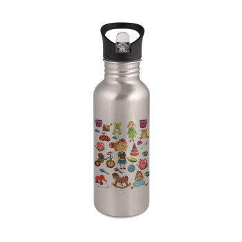 Toys Girl, Παγούρι νερού Ασημένιο με καλαμάκι, ανοξείδωτο ατσάλι 600ml