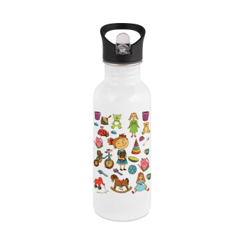 Toys Girl, White water bottle with straw, stainless steel 600ml