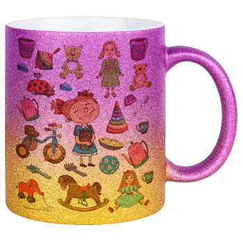 Toys Girl, Κούπα Χρυσή/Ροζ Glitter, κεραμική, 330ml