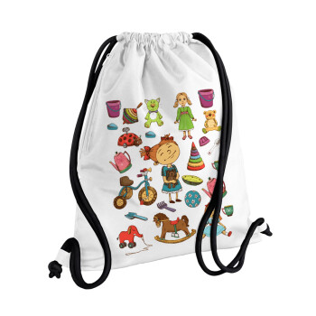 Toys Girl, Τσάντα πλάτης πουγκί GYMBAG λευκή, με τσέπη (40x48cm) & χονδρά κορδόνια