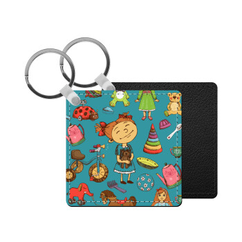 Toys Girl, Μπρελόκ Δερματίνη, τετράγωνο ΜΑΥΡΟ (5x5cm)