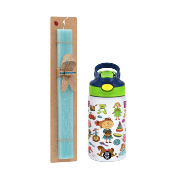 Toys Girl, Πασχαλινό Σετ, Παιδικό παγούρι θερμό, ανοξείδωτο, με καλαμάκι ασφαλείας, πράσινο/μπλε (350ml) & πασχαλινή λαμπάδα αρωματική πλακέ (30cm) (ΤΙΡΚΟΥΑΖ)