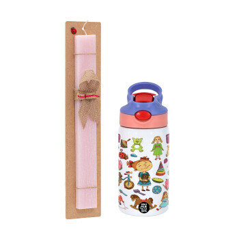 Toys Girl, Πασχαλινό Σετ, Παιδικό παγούρι θερμό, ανοξείδωτο, με καλαμάκι ασφαλείας, ροζ/μωβ (350ml) & πασχαλινή λαμπάδα αρωματική πλακέ (30cm) (ΡΟΖ)