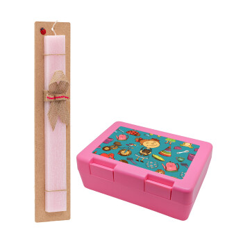 Toys Girl, Πασχαλινό Σετ, παιδικό δοχείο κολατσιού ΡΟΖ & πασχαλινή λαμπάδα αρωματική πλακέ (30cm) (ΡΟΖ)