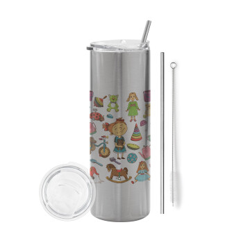 Toys Girl, Eco friendly stainless steel Silver tumbler 600ml, with metal straw & cleaning brush