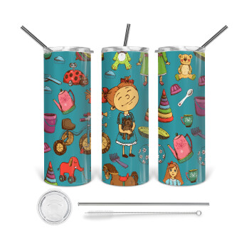 Toys Girl, Tumbler ποτήρι θερμό από ανοξείδωτο ατσάλι 600ml, με μεταλλικό καλαμάκι & βούρτσα καθαρισμού