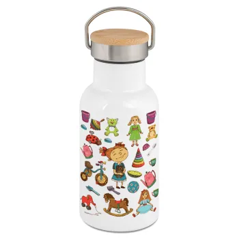 Toys Girl, Μεταλλικό παγούρι θερμός (Stainless steel) Λευκό με ξύλινο καπακι (bamboo), διπλού τοιχώματος, 350ml