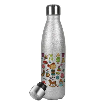 Toys Girl, Metallic Glitter Silver Thermos Flask (Stainless steel), double-walled, 500ml