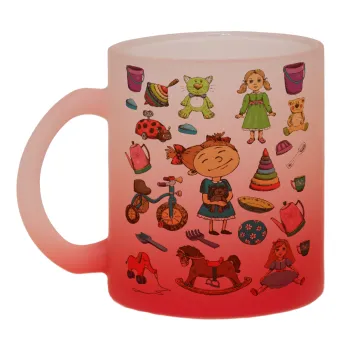 Toys Girl, Κούπα γυάλινη δίχρωμη με βάση το κόκκινο ματ, 330ml