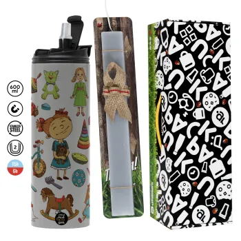 Toys Girl, Πασχαλινή Λαμπάδα με Travel Tumbler θερμό (600ml, BPA free) & κερί αρωματικό πλακέ (30cm) (ΓΚΡΙ)
