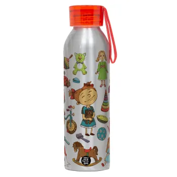 Toys Girl, Αλουμινένιο Αθλητικό Μπουκάλι 650ml – Ασημί με Κόκκινο Καπάκι και Λουράκι Σιλικόνης