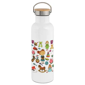 Toys Girl, Stainless steel White with wooden lid (bamboo), double wall, 750ml