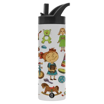 Toys Girl, Μεταλλικό παγούρι θερμός με καλαμάκι & χειρολαβή, ανοξείδωτο ατσάλι (Stainless steel 304), διπλού τοιχώματος, 600ml