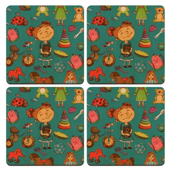 Toys Girl, ΣΕΤ x4 Σουβέρ ξύλινα τετράγωνα plywood (9cm)