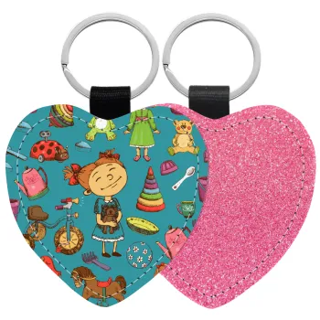 Toys Girl, Μπρελόκ PU δερμάτινο glitter καρδιά ΡΟΖ