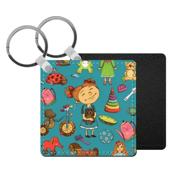 Toys Girl, Μπρελόκ Δερματίνη, τετράγωνο ΜΑΥΡΟ (5x5cm)