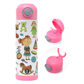 Toys Girl, Children's hot water bottle, stainless steel, with safety straw, PINK (500ml)