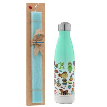Toys Girl, Easter Set, Metallic green/white thermos (Stainless steel), double-walled, 500ml & scented flat Easter candle (30cm) (TURQUOISE)