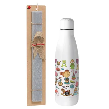 Toys Girl, Easter Set, metallic stainless thermos bottle (500ml) & scented flat Easter candle (30cm) (GRAY)