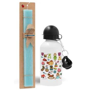 Toys Girl, Easter Set, metallic aluminum water bottle (500ml) & scented flat candle (30cm) (TURQUOISE)