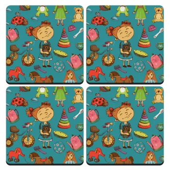 Toys Girl, ΣΕΤ 4 Σουβέρ ξύλινα τετράγωνα (9cm)