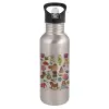 Water bottle Silver with straw, stainless steel 600ml