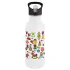 White water bottle with straw, stainless steel 600ml