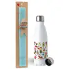 Easter Set, metallic stainless steel water bottle (750ml) & aromatic flat Easter candle (30cm) (TURQUOISE)