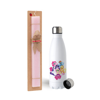 My Little Pony, Easter Set, metallic stainless steel water bottle (750ml) & scented flat Easter candle (30cm) (PINK)