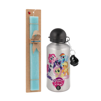 My Little Pony, Easter Set, metallic silver aluminum water bottle (500ml) & scented flat Easter candle (30cm) (TURQUOISE)
