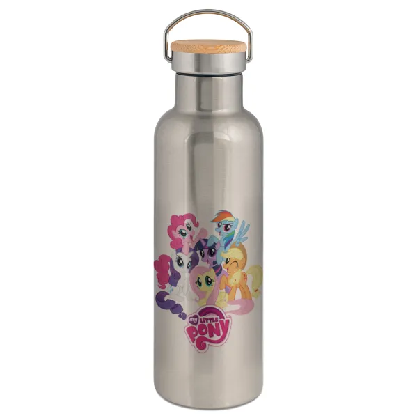 My Little Pony — Μεταλλικό παγούρι θερμός (Stainless steel) Ασημένιο με ξύλινο καπακι (bamboo), διπλού τοιχώματος, 750ml