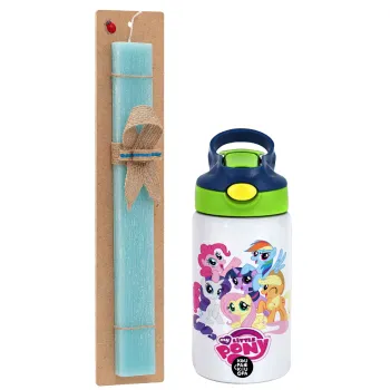 My Little Pony, Easter Set, Children's thermal stainless steel bottle with safety straw, green/blue (350ml) & aromatic flat Easter candle (30cm) (TURQUOISE)