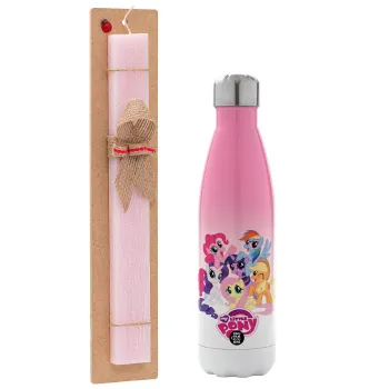 My Little Pony, Easter Set, Metallic pink/white (Stainless steel) thermos, double-walled, 500ml & aromatic flat Easter candle (30cm) (PINK)