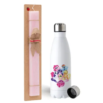 My Little Pony, Easter Set, metallic stainless steel water bottle (750ml) & scented flat Easter candle (30cm) (PINK)