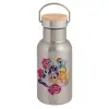 Stainless steel metallic thermos flask, silver with a bamboo lid, double-walled, 350ml.