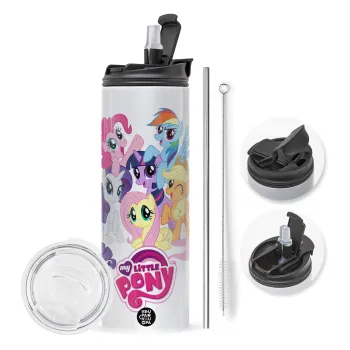 My Little Pony, Travel Tumbler 2 Lids, with metal straw & cleaning brush (Stainless steel 304 Food grade, BPA free, 600ml)
