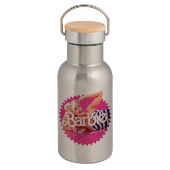 Barbie is everything, Stainless steel metallic thermos flask, silver with a bamboo lid, double-walled, 350ml.