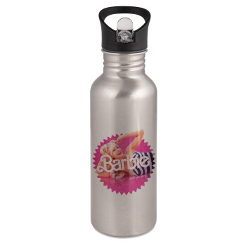 Barbie is everything, Water bottle Silver with straw, stainless steel 600ml