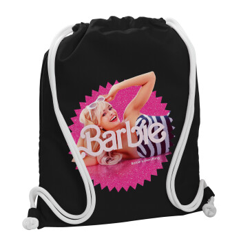 Barbie is everything, Τσάντα πλάτης πουγκί GYMBAG Μαύρη, με τσέπη (40x48cm) & χονδρά λευκά κορδόνια
