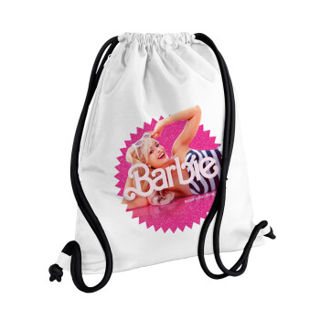 Barbie is everything, Τσάντα πλάτης πουγκί GYMBAG λευκή, με τσέπη (40x48cm) & χονδρά κορδόνια