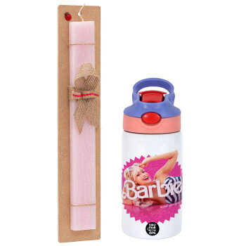 Barbie is everything, Easter Set, Children's thermal stainless steel water bottle with safety straw, pink/purple (350ml) & Easter scented flat candle (30cm) (PINK)