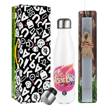 Barbie is everything, Easter candle, metallic white thermos bottle (500ml) & aromatic flat candle (30cm) (GRAY)