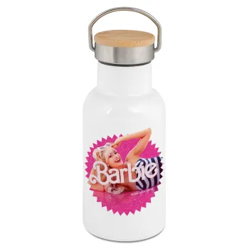 Barbie is everything, Μεταλλικό παγούρι θερμός (Stainless steel) Λευκό με ξύλινο καπακι (bamboo), διπλού τοιχώματος, 350ml