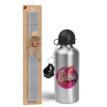 Barbie is everything, Easter Set, metallic silver aluminum water bottle (500ml) & aromatic flat Easter candle (30cm) (GRAY)
