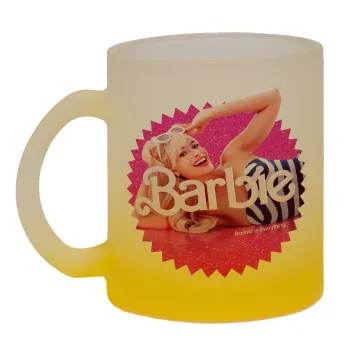 Barbie is everything, Κούπα γυάλινη δίχρωμη με βάση το κίτρινο ματ, 330ml